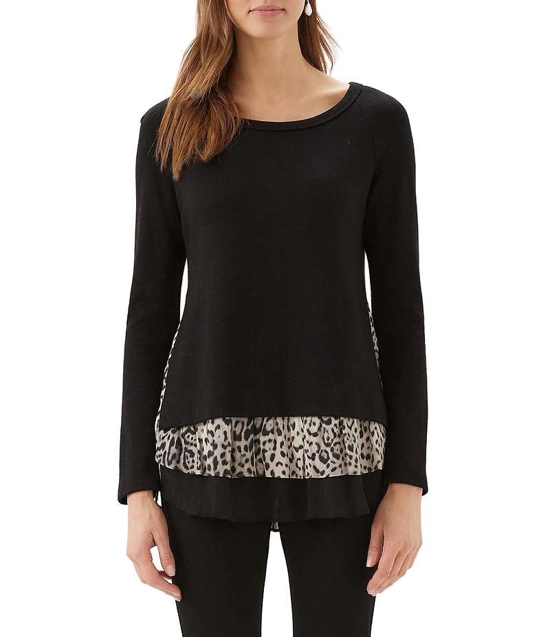 Karen Kane Layered Contrast Leopard Crew Neck Long Sleeve Sweater