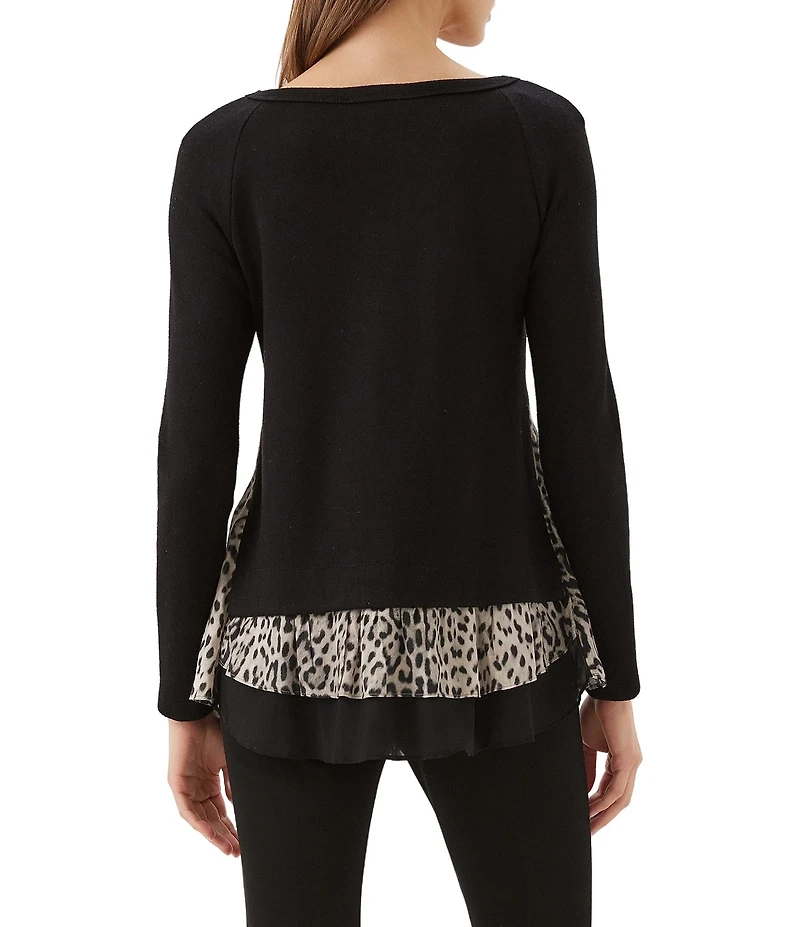 Karen Kane Layered Contrast Leopard Crew Neck Long Sleeve Sweater