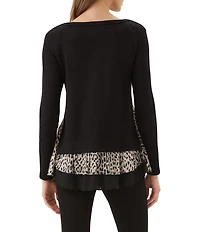 Karen Kane Layered Contrast Leopard Crew Neck Long Sleeve Sweater
