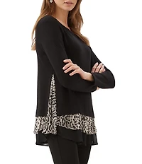 Karen Kane Layered Contrast Leopard Crew Neck Long Sleeve Sweater