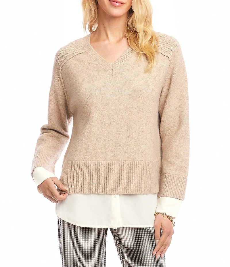 Karen Kane Layered V-Neck Long Sleeve Knit Underlayer Combo Top
