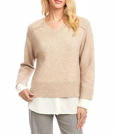 Karen Kane Layered V-Neck Long Sleeve Knit Underlayer Combo Top