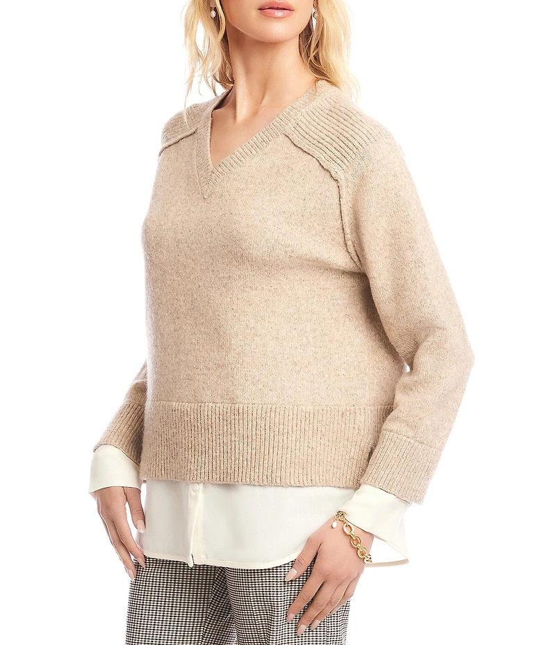 Karen Kane Layered V-Neck Long Sleeve Knit Underlayer Combo Top