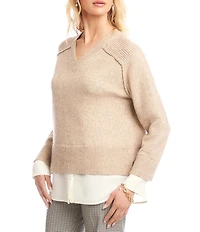 Karen Kane Layered V-Neck Long Sleeve Knit Underlayer Combo Top