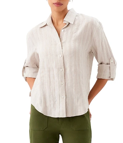 Karen Kane Leno Weave Stripe Point Collar Long Roll-Tab Sleeve Button Front Shirt