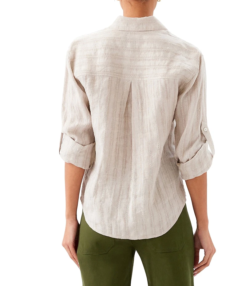 Karen Kane Leno Weave Stripe Point Collar Long Roll-Tab Sleeve Button Front Shirt