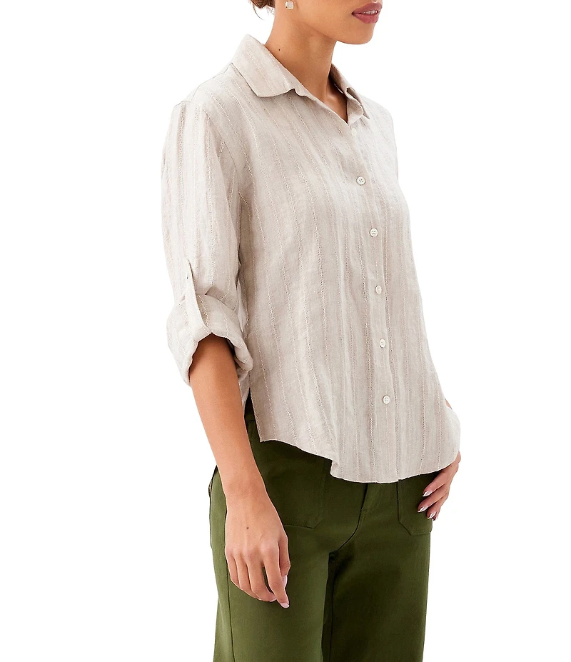 Karen Kane Leno Weave Stripe Point Collar Long Roll-Tab Sleeve Button Front Shirt