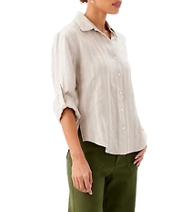 Karen Kane Leno Weave Stripe Point Collar Long Roll-Tab Sleeve Button Front Shirt