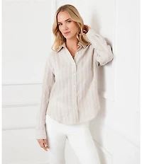 Karen Kane Leno Weave Stripe Point Collar Long Roll-Tab Sleeve Button Front Shirt