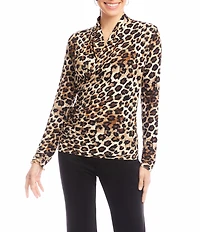 Karen Kane Leopard Crossover V-Neck Long Sleeve Side Shirred Wrap Top