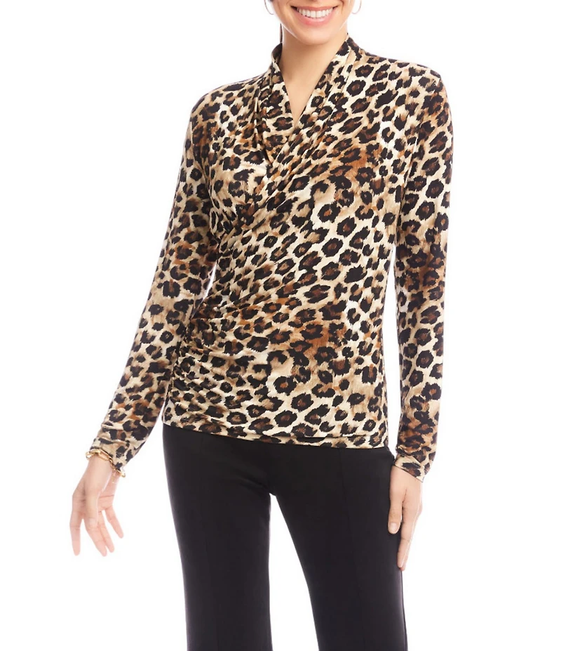 Karen Kane Leopard Crossover V-Neck Long Sleeve Side Shirred Wrap Top