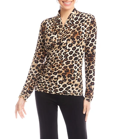 Karen Kane Leopard Crossover V-Neck Long Sleeve Side Shirred Wrap Top