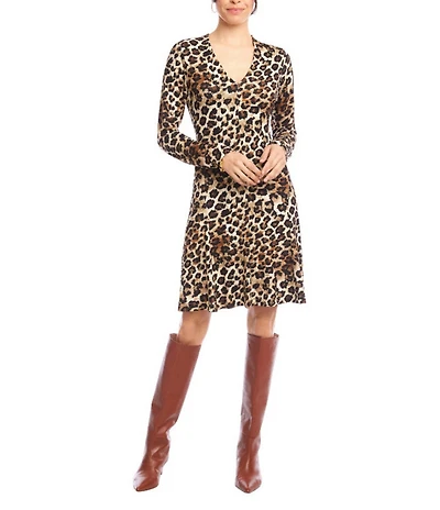Karen Kane Leopard Print V-Neck Long Sleeve Fit And Flare Dress