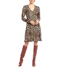 Karen Kane Leopard Print V-Neck Long Sleeve Fit And Flare Dress