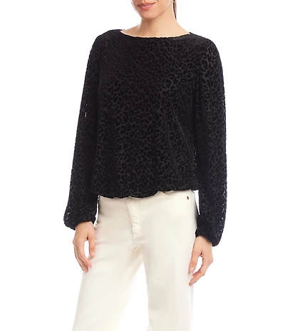 Karen Kane Leopard Velvet Burnout Boat Neck Blouson Sleeve Top
