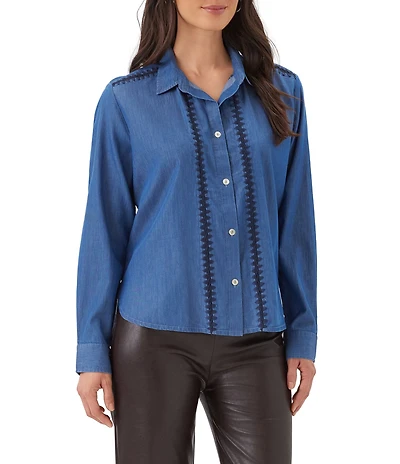 Karen Kane Lightweight Denim Long Sleeve Crochet Trim Button Front Shirt