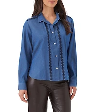 Karen Kane Lightweight Denim Long Sleeve Crochet Trim Button Front Shirt