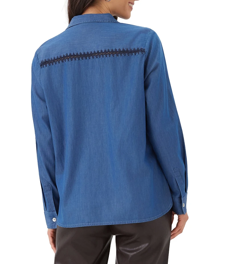 Karen Kane Lightweight Denim Long Sleeve Crochet Trim Button Front Shirt