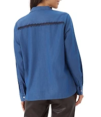 Karen Kane Lightweight Denim Long Sleeve Crochet Trim Button Front Shirt