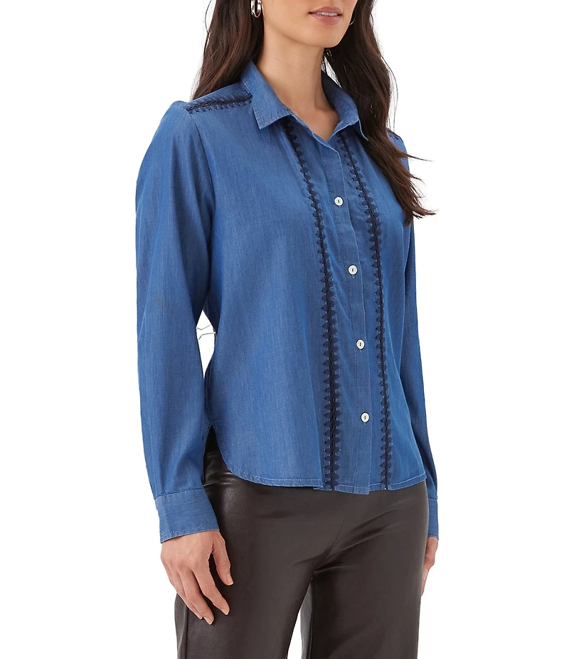 Karen Kane Lightweight Denim Long Sleeve Crochet Trim Button Front Shirt