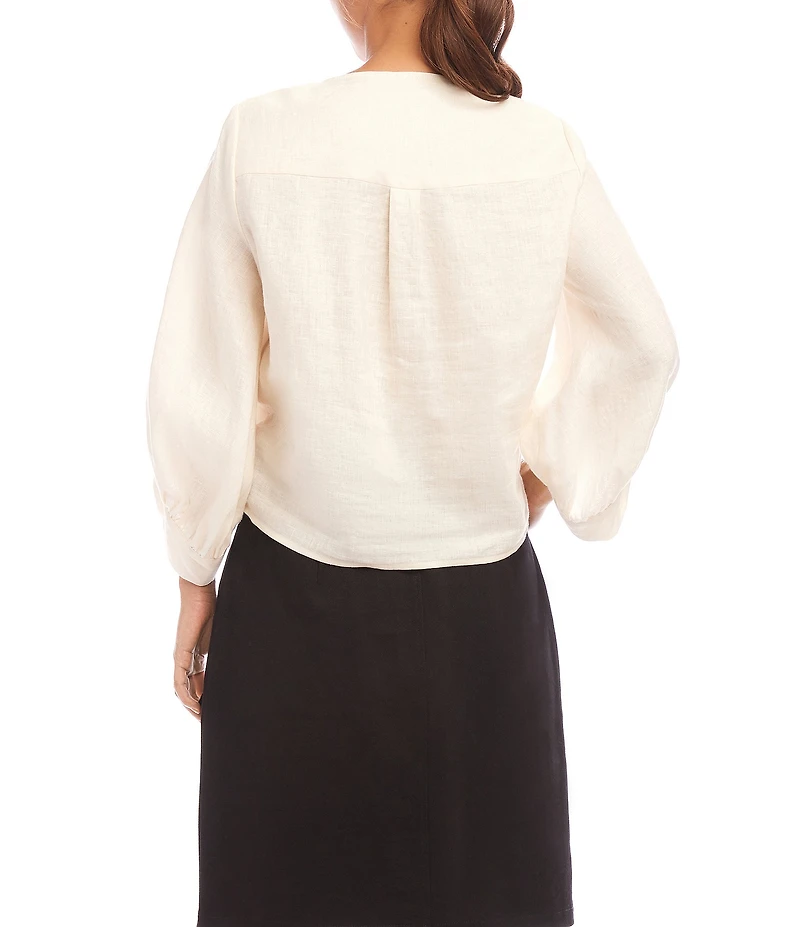 Karen Kane Linen 3/4 Sleeve V-Neck Tie Front Blouse