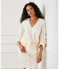 Karen Kane Linen 3/4 Sleeve V-Neck Tie Front Blouse