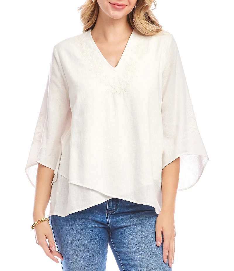 Karen Kane Linen Blend Bracelet Sleeve Embroidered Asymmetric Top