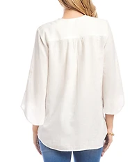 Karen Kane Linen Blend Bracelet Sleeve Embroidered Asymmetric Top