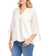 Karen Kane Linen Blend Bracelet Sleeve Embroidered Asymmetric Top