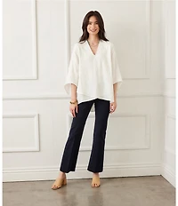 Karen Kane Linen Blend Bracelet Sleeve Embroidered Asymmetric Top