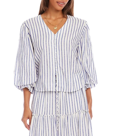 Karen Kane Linen Blend Coordinating V-Neck 3/4 Layered Sleeve Shirred Cuff Button Front Shirt