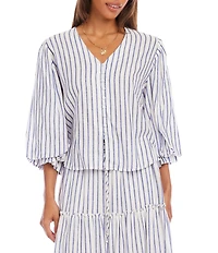 Karen Kane Linen Blend Coordinating V-Neck 3/4 Layered Sleeve Shirred Cuff Button Front Shirt