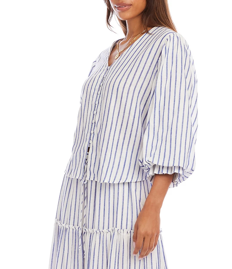 Karen Kane Linen Blend Coordinating V-Neck 3/4 Layered Sleeve Shirred Cuff Button Front Shirt