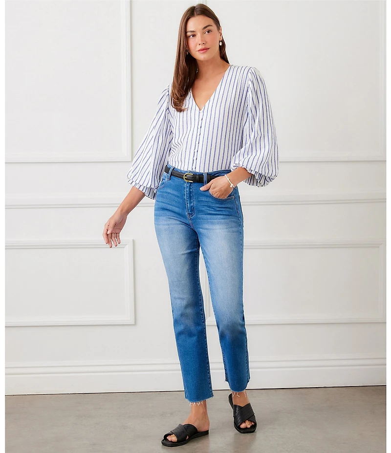 Karen Kane Linen Blend Coordinating V-Neck 3/4 Layered Sleeve Shirred Cuff Button Front Shirt