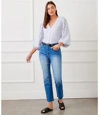 Karen Kane Linen Blend Coordinating V-Neck 3/4 Layered Sleeve Shirred Cuff Button Front Shirt