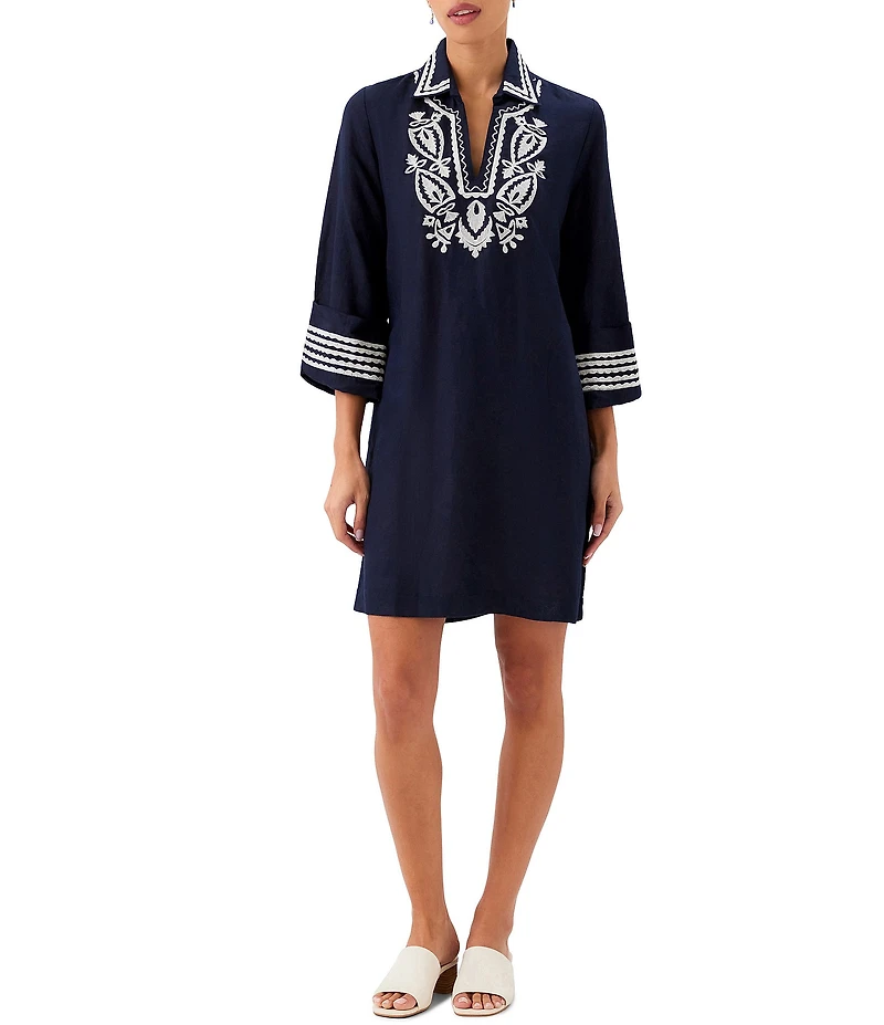 Karen Kane Linen Blend Embroidered V-Neck 3/4 Sleeve Shift Dress