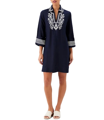 Karen Kane Linen Blend Embroidered V-Neck 3/4 Sleeve Shift Dress