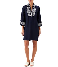Karen Kane Linen Blend Embroidered V-Neck 3/4 Sleeve Shift Dress