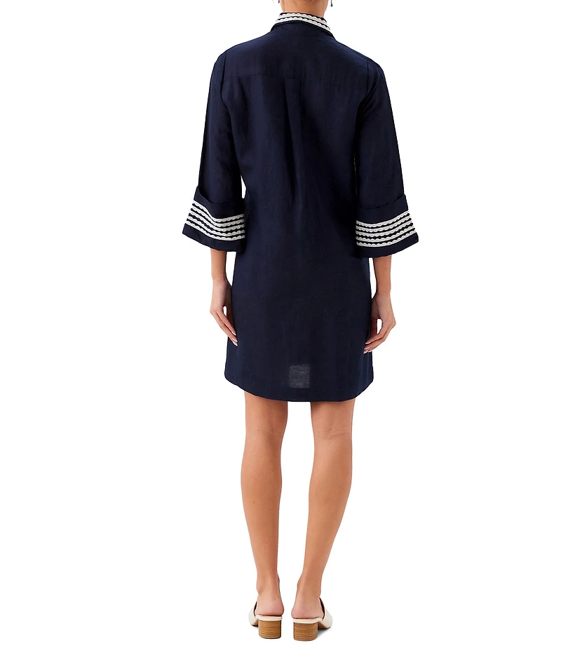 Karen Kane Linen Blend Embroidered V-Neck 3/4 Sleeve Shift Dress
