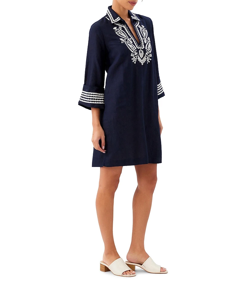 Karen Kane Linen Blend Embroidered V-Neck 3/4 Sleeve Shift Dress
