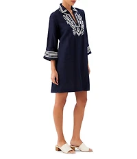 Karen Kane Linen Blend Embroidered V-Neck 3/4 Sleeve Shift Dress