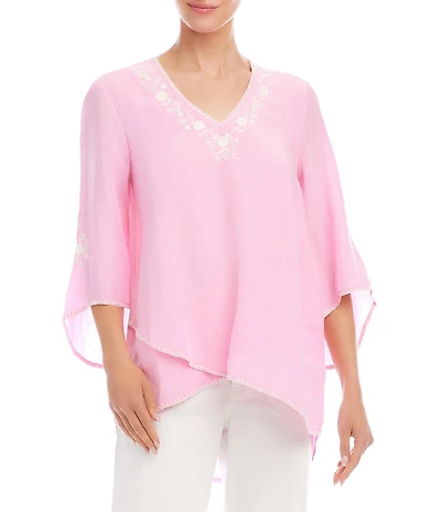 Karen Kane Linen Blend Embroidered V-Neck Flared Bracelet Length Sleeve Asymmetric Hem Top