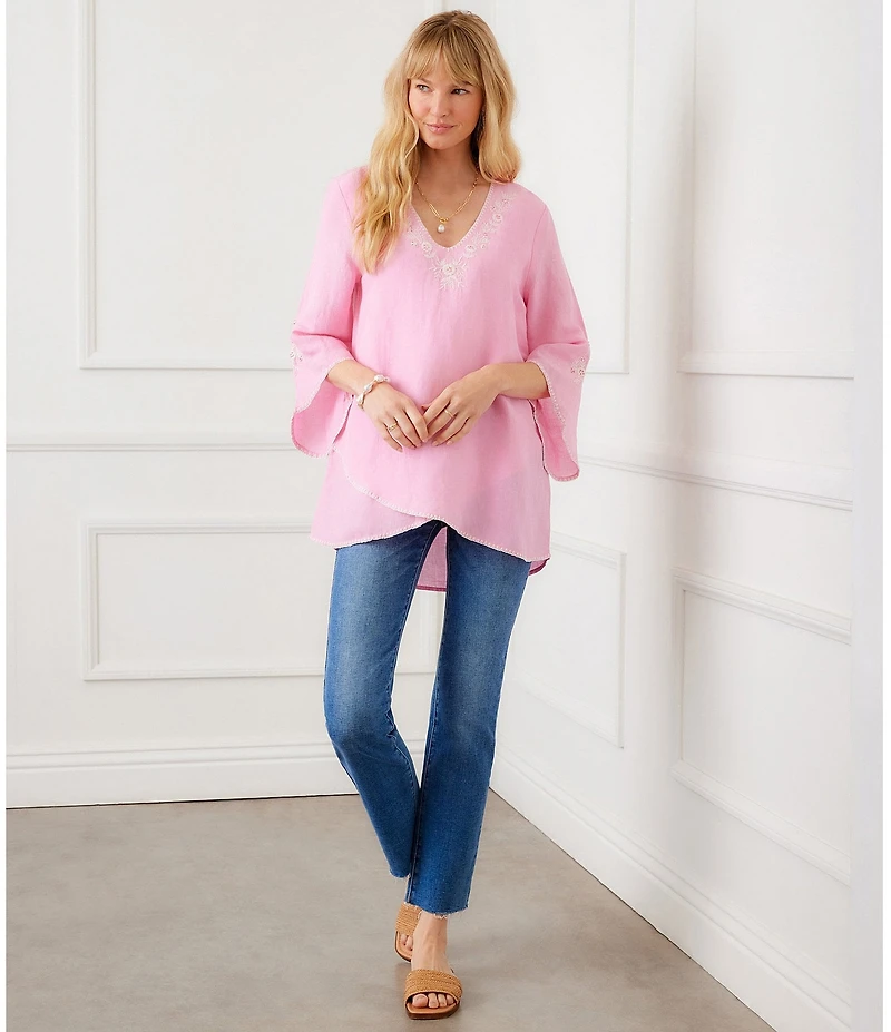 Karen Kane Linen Blend Embroidered V-Neck Flared Bracelet Length Sleeve Asymmetric Hem Top