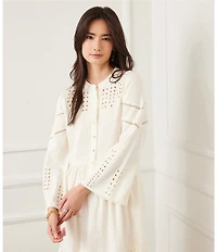Karen Kane Linen Blend Flare Sleeve Embroidered Tiered Dress