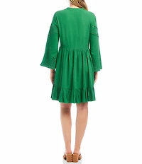 Karen Kane Linen Blend Flare Sleeve Embroidered Tiered Dress
