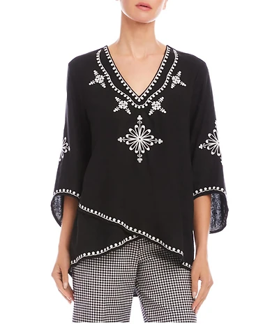 Karen Kane Linen Blend Intricate Contrast Embroidered Asymmetric Top