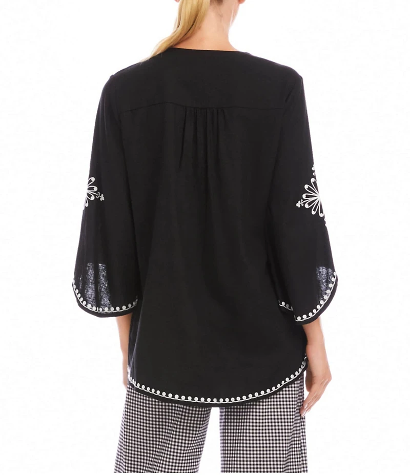 Karen Kane Linen Blend Intricate Contrast Embroidered Asymmetric Top