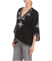Karen Kane Linen Blend Intricate Contrast Embroidered Asymmetric Top