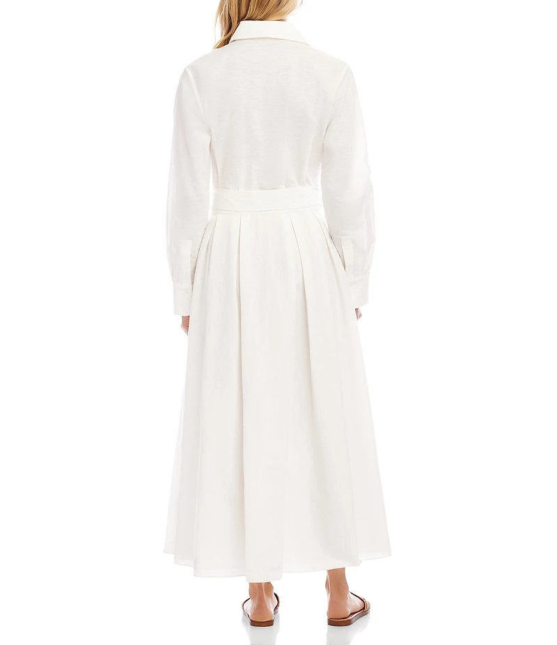 Karen Kane Linen Blend Lace Applique Point Collar Long Sleeve Self Tie Button Front Midi Shirt Dress