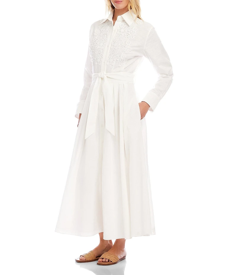Karen Kane Linen Blend Lace Applique Point Collar Long Sleeve Self Tie Button Front Midi Shirt Dress